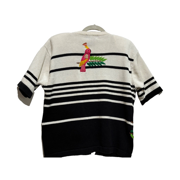 Terrazzo beaded embroidery parrot Bird Short Sleeve Button Sweater top Womens XL - Picture 9 of 11